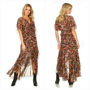 MISA Los Angeles Katarina Black Orange Floral Boho Ruffle Maxi Dress